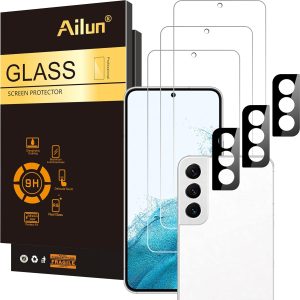 Glass Screen Protector for Galaxy S22 - 3 Pack Screen Protectors + 3 Pack Camera Lens Protectors - Fingerprint Unlock Compatible, Clear Case Friendly